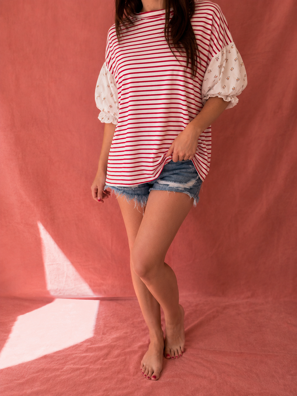 Red Stripe Floral Puff Sleeve Top