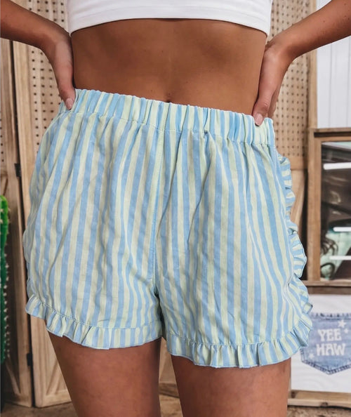 Blue Stripe Ruffle Shorts