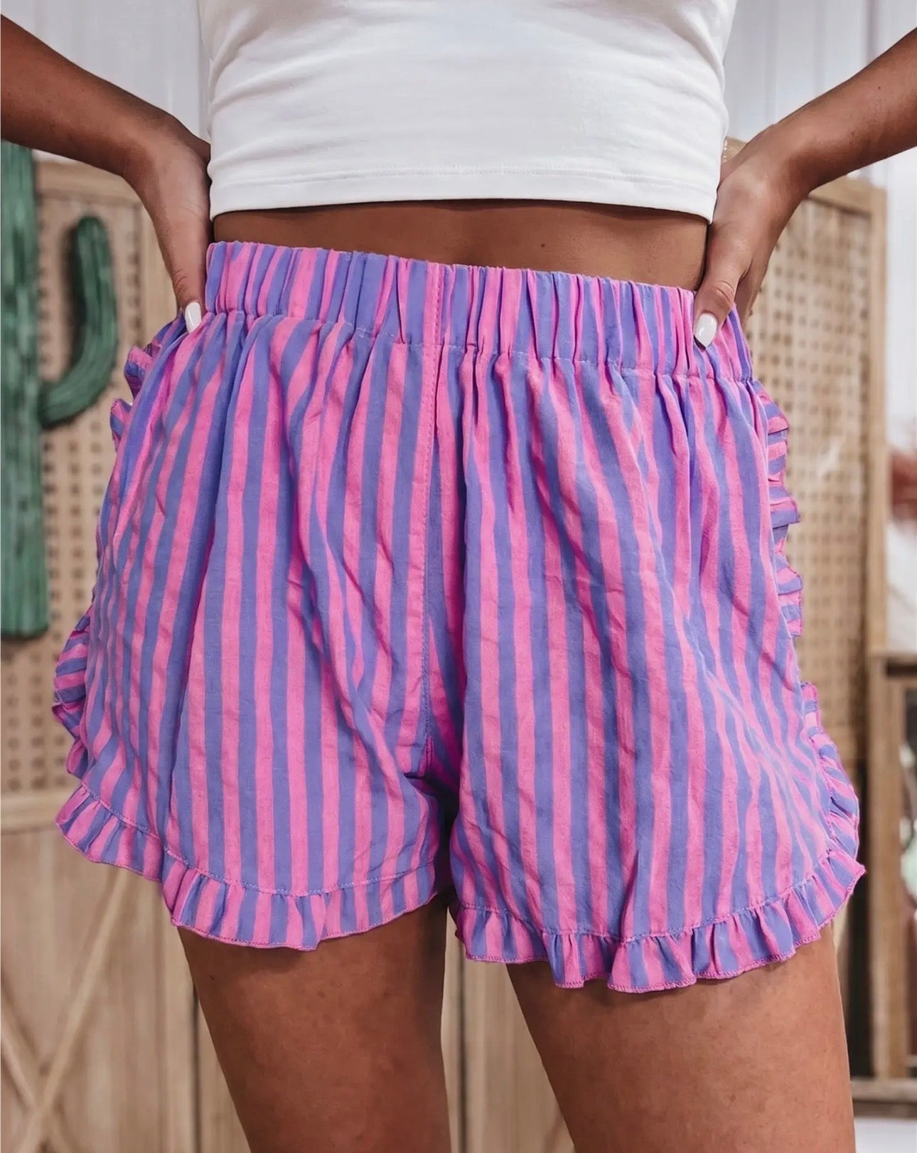 Pink Stripe Ruffle Shorts
