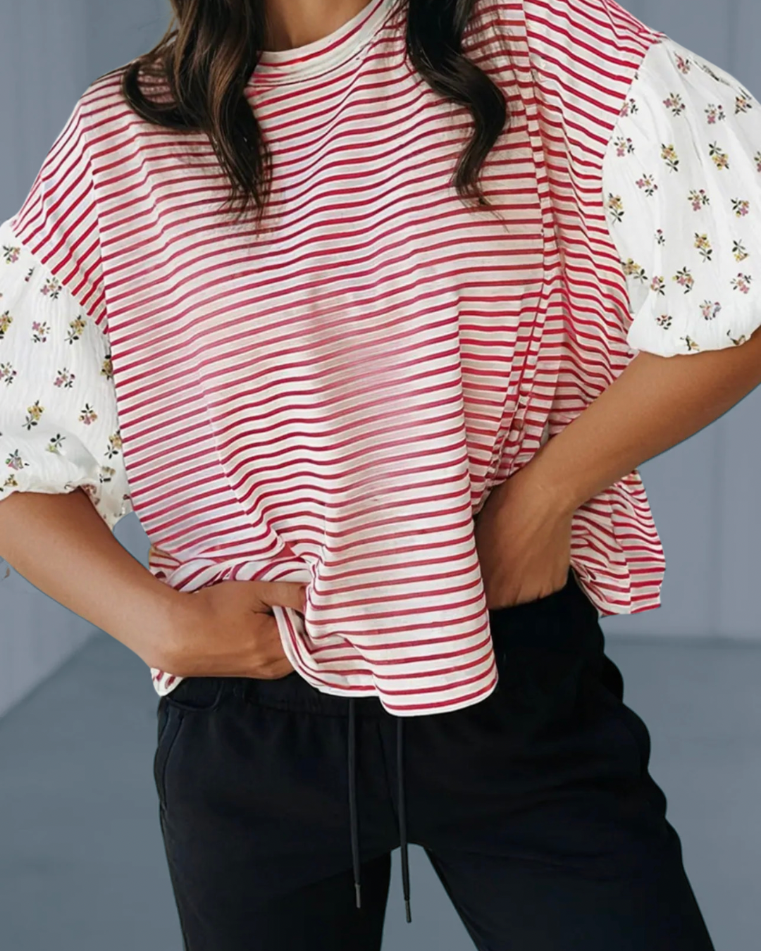 Red Stripe Floral Puff Sleeve Top
