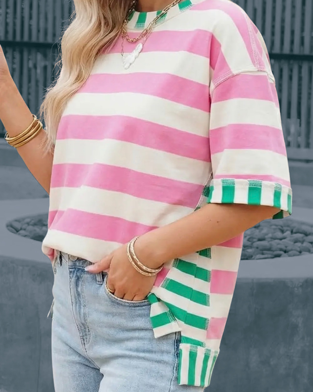 Pink & Green Colorblock Top