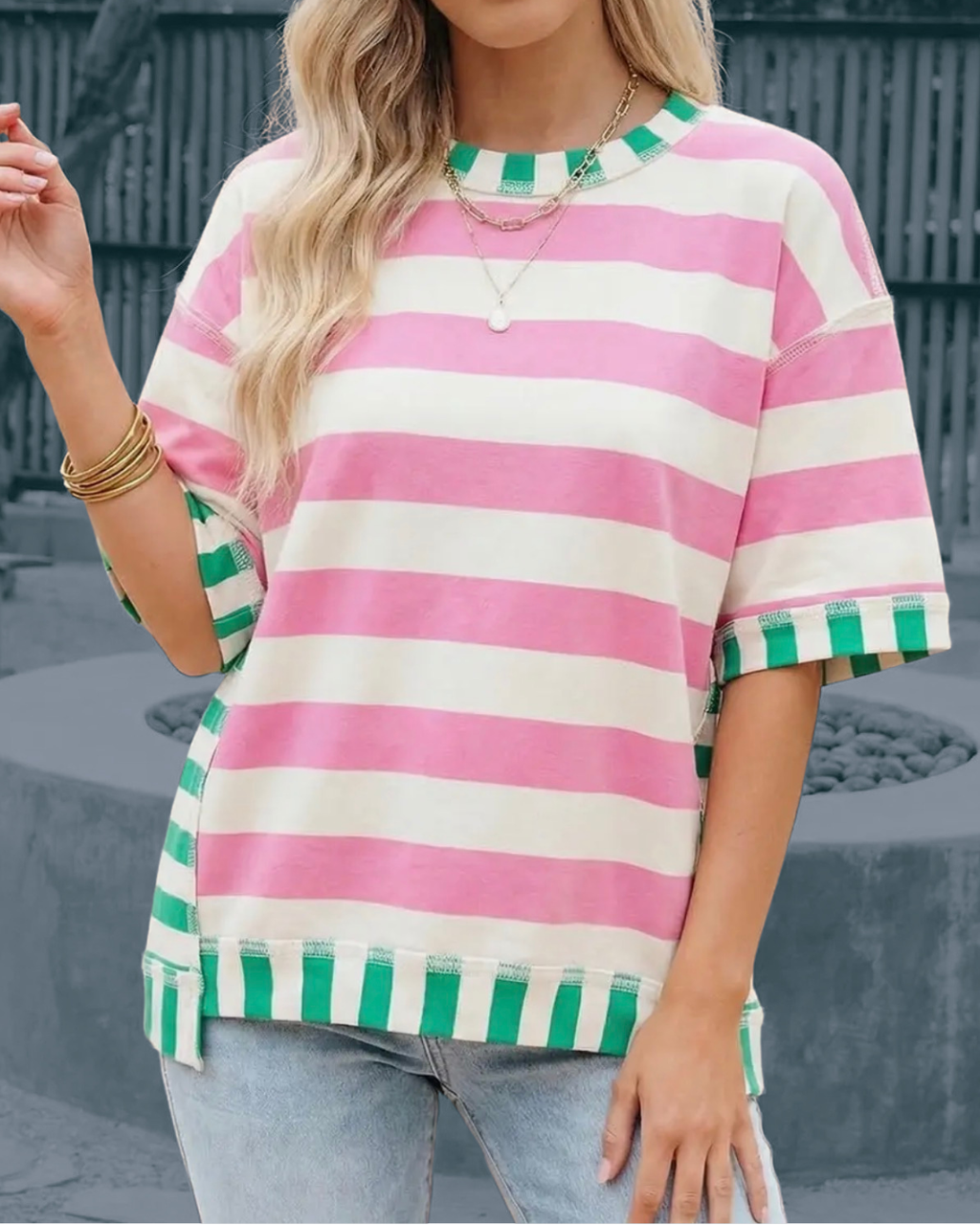 Pink & Green Colorblock Top